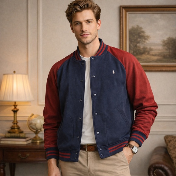 Polo Ralph Lauren mens Fleece Baseball Jacket Big & Tall size 3XB Navy Red Prepp
